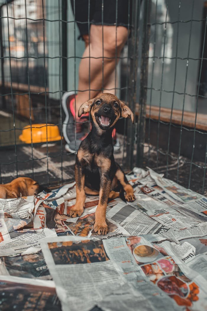 Happy puppy sitting on newspapers in a kennel, showcasing adoption shelter life.
